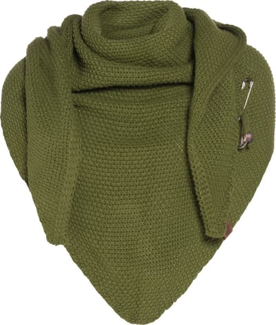 Knit Factory Coco Gebreide Omslagdoek - Driehoek Sjaal Dames - Dames sjaal - Wintersjaal - Stola - Wollen sjaal - Groene sjaal - Mosgroen - 190x85 cm - Inclusief sierspeld