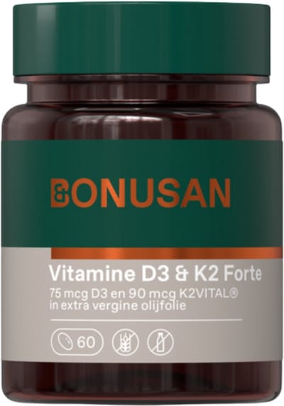 BONUSAN Vitamine D3 & K2 Forte – 60 Softgels – In Extra Vierge Olijfolie – Ondersteunt Botten, Gebit en Bloedvaten