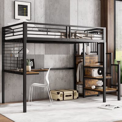 MEUNIQ Hoogslaper 90x200 cm met bureau en kledingkast, metalen bedframe met spaanplaat, zijtrap met handgreep, voor kinderkamer, zwart en donker walnoot