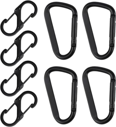 Set van 8 karabiners, inclusief 4 D-vormige en 4 S-vormige, aluminium haken voor outdoor, kamperen en wandelen.