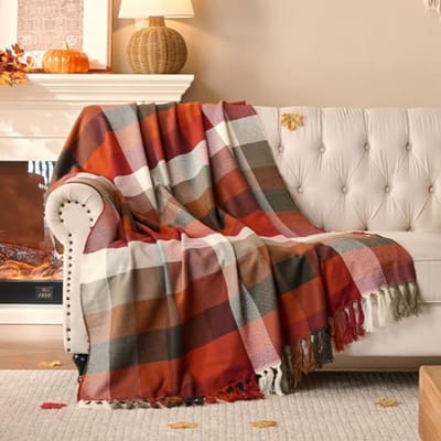 Roest geruite deken | Zachte herfst plaid voor bank en bed | Lichtgewicht acryl en kasjmier | Perfect voor woondecoratie