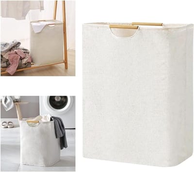 Grote Vouwbare Wasmand van 60L voor Badkamer, Vrijstaand met Handvat voor Kleding en Handdoekenopslag, Beige