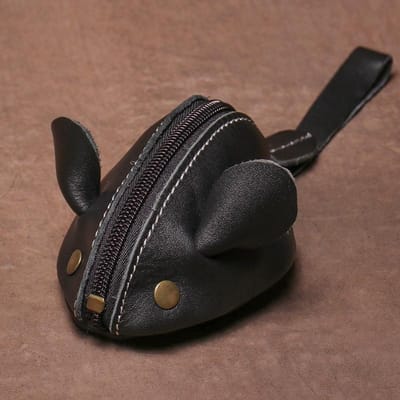 Porte-monnaie souris en cuir véritable Petit sac à pièces Sac à clés créatif Sac de rangement à fermeture éclair Portefeuille enfant de dessin animé noir