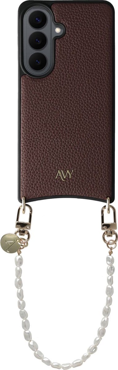 AVY Leren Hoesje Geschikt voor Samsung Galaxy S26 Plus | Compatibel met MagSafe | Leather Case met Telefoonkoord | Polsband | Chocolate | Perla Chic