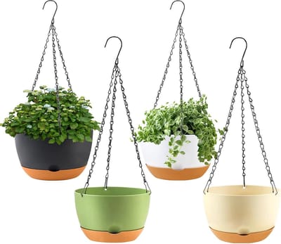 Hangende Plantenbakken - 8 Inch Plastic met Drainagegaten & Ketting - voor Tuin & Binnen - Wit/Zwart/Groen/Beige - 4 Stuks