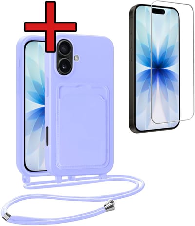 Hoesje Geschikt voor iPhone 17 Hoesje Met Telefoonkoord en Pasjeshouder Met Screenprotector Siliconen - Hoes Geschikt voor iPhone 17 Hoesje Met Kaarthouder Case - Lila