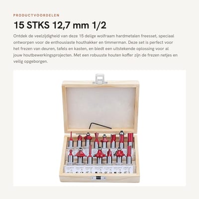 Dailygoods- Freesset 15 Stuks - 1/2 Inch Schacht - Wolfraam Hardmetalen - Houtbewerking Gereedschap - Houten Koffer - Duurzaam en Perfecte Sneden - Routerbits