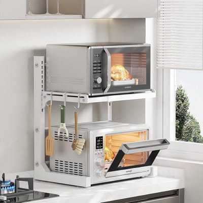 Verstelbare en uitschuifbare ovenrek voor keuken, carbon stalen plank met 3 haakjes, ideaal voor magnetron en bakoven