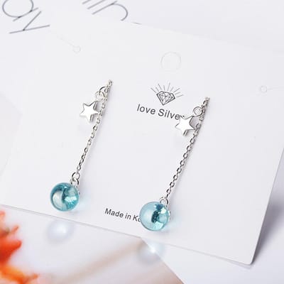 Boucles d'oreilles longues à pampilles en argent sterling 925, ornées d'une étoile et de perles de cristal bleu fantastiques, pour femme, cadeau idéal, S-E667 white