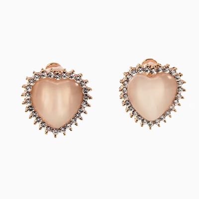 Clip-on Oorbellen Dames - Hart Design - Rosé Gold Plating - Oorclips met Licht Crème Cabochon - Zirkonia's - Geen Gaatjes