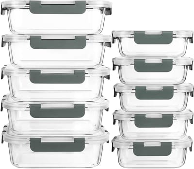 20-Delige Glazen Bewaarbakjes Set - 10 Rechthoekige Containers met 10 Deksel - Clipsluiting - Lekvrij - Vaatwasserbestendig - Grijs