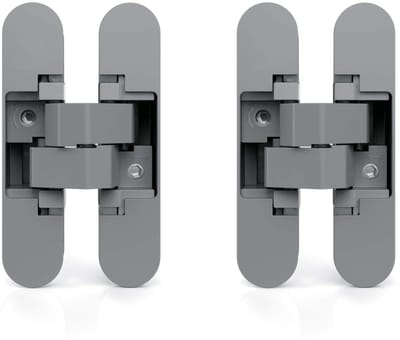 - Verborgen scharnier voor ingangsdeuren, set van 2 onzichtbare scharnieren voor zware deuren, belasting 40 kg, 180 graden opening, zamak, metallic grijs.