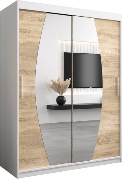 InspireMe - Kledingkast met 2 schuifdeuren, Modern-stijl, Een kledingkast met planken en een spiegel (BxHxD): 150x200x62 - GLOBE 150 Wit Mat + Sonoma Eik