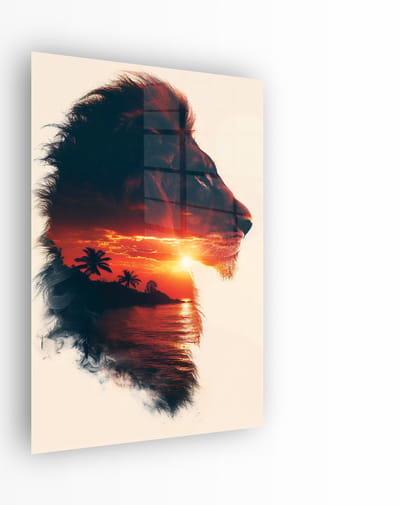 Indoorart - Glasschilderij Leeuw Zonsondergang 0x60 CM - Afbeelding op plexiglas - Inclusief montagemateriaal