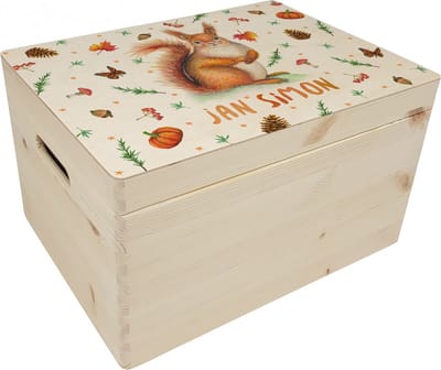 World of Mies memorybox eekhoorn met naam - Houten herinneringskist 30 x 40 x 23 cm - met handvaten - hoogwaardige kleurenprint in het hout - handgeschilderd design door Mies