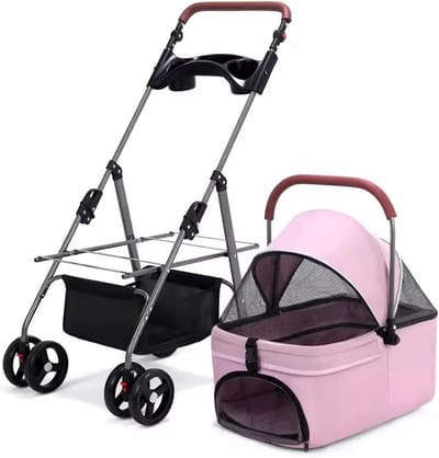 Huisdier Buggy - Hondenwagen Kattenwagen - Veilige Uitjes - Afneembare Drager - 45x65x98cm - Grijs