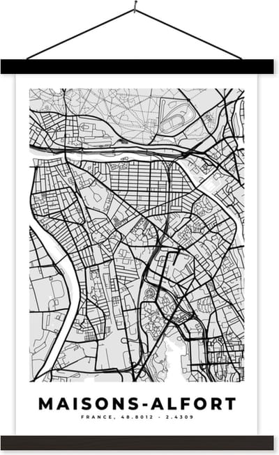Posterhanger incl. Poster 40x60 cm - Schoolplaat - Kaart - Stadskaart - Frankrijk - Maisons-Alfort - Plattegrond - Textielposter - Zwarte latten - Stadskaart