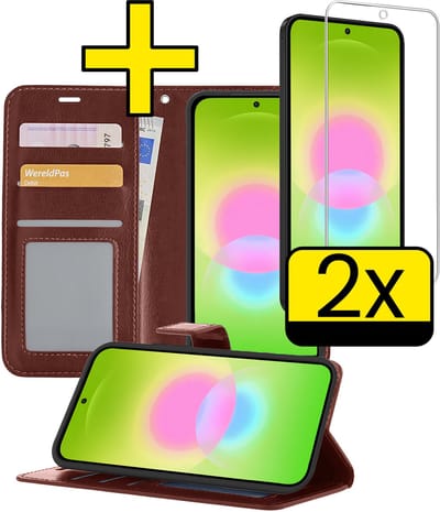 Hoesje - Met 2x Screenprotector - Geschikt voor Samsung Galaxy A27 - Luxe Pasjeshouder - Bookcase Portemonee - Flip Case - Kunstleer Book Case - Flipcase Hoes - Book Cover - Walletcase - Portemonneehoes - Telefoonhoesjes - Bruin
