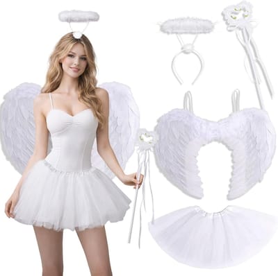 4-delige Engel Kostuum met Vleugels, Hoorns, Toverstok en Tutu Rok voor Halloween, Carnaval en Feestjes - Puur Witte Engel Outfit voor Vrouwen