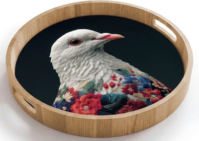 Dienblad rond 40x40 cm - Schootdienblad hout - Duif - Bloemen - Wit - Zwart - Borrelplank rechthoek - Plateau houten dienbladen