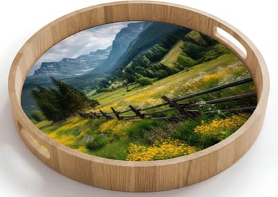 Dienblad rond 40x40 cm - Schootdienblad hout - Veld - Hek - Bergen - Bloemen - Borrelplank rechthoek - Plateau houten dienbladen