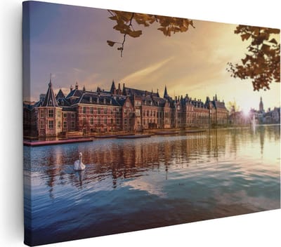 Artaza Canvas Schilderij Zwaan - 30x20 cm - Klein - Wanddecoratie Zonsondergang - Muurdecoratie Stad - Kamer Accessoires Skyline