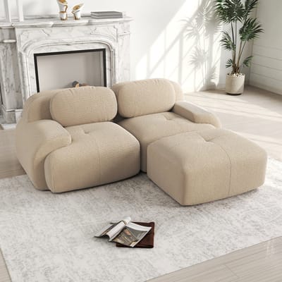 MODFU Modulaire Hoekbank – Frameloos met gebogen armleuningen – Ergonomisch – Ribstof – 32D schuim – Antislip – Beige