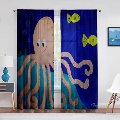 Coole Rode Octopus Oceaan Marine Leven Chiffon Transparante Voile Gordijnen voor Woonkamer Slaapkamer Keuken Decoratie Raam Tule Gordijn Drapage 1 PCS W100XH250cm&Grommet Top