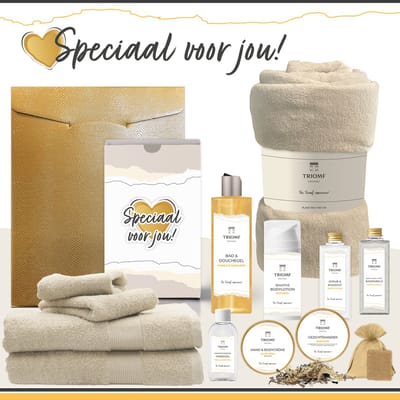 Geschenkset “Speciaal voor jou!” - 13 producten - 2000 gram | Triomf Original Geel - Giftset voor haar Cadeau Valentijnsdag Luxe wellness cadeaubox Vrouw Ik hou van jou Cadeaupakket Kerst Geschenk Moeder Verjaardag Gift Set Valentijn Vriendin Beige