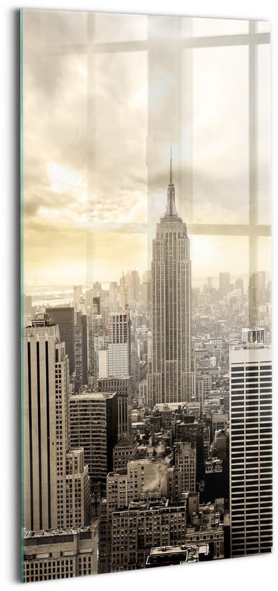Wallfluent Glasschilderij - Panorama van het Empire State Building Schilderij Glas - 50x100 cm - Romig Verticale Muurschildering - Steden Glas Foto - Glas Schilderij - Foto Glas