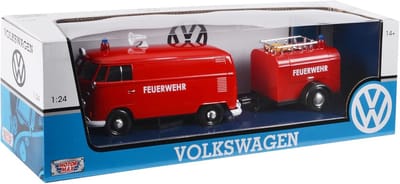 VW Combi T1 Brandweerwagen Modelauto 1:24 met Aanhanger