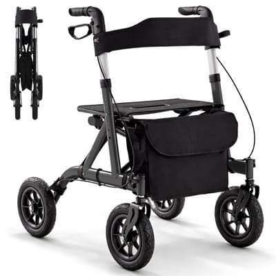 Rollator Lichtgewicht en Opvouwbaar - Met Luchtbanden, Ergonomische Zitting en Wandelstokhouder - Voor Binnen en Buiten - Zwart