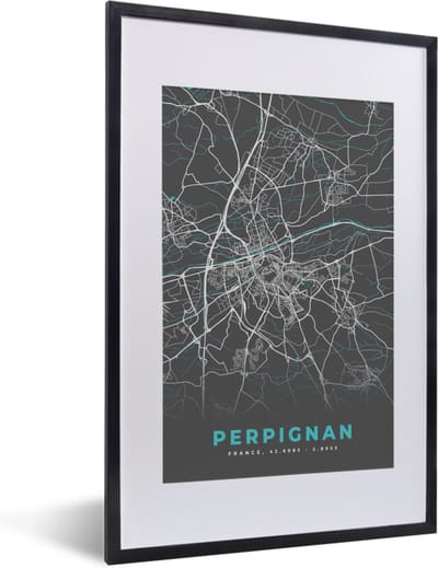 Fotolijst incl. Poster - Kaart - Stadskaart - Plattegrond - Frankrijk - Perpignan - 40x60 cm - Posterlijst