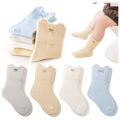4 paar naadloze kindersokken, katoenen babysokken tot halverwege de kuit, uitstekend draagcomfort, anti-knellende kuitmouwen, ademend, machinewasbaar, geschikt voor pasgeborenen (1-3 jaar)