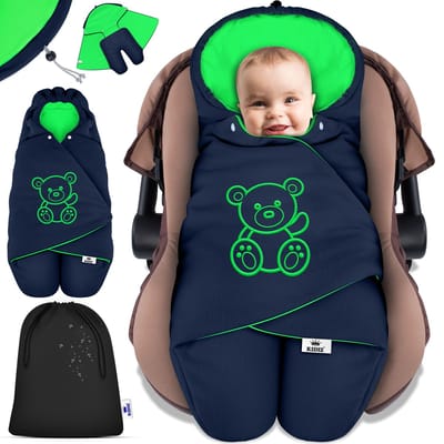 KIDIZ® Baby Slaapzak voor Buggy Voetenzak voor Autostoeltje & Wandelwagen Babyschaal, voor Winter met Kap + Babyslaapzak Deken voor Maxi-Cosi & Kinderwagen alle Gordelsystemen 3 & 5-Puntsgordel - Marineblauw / Groen