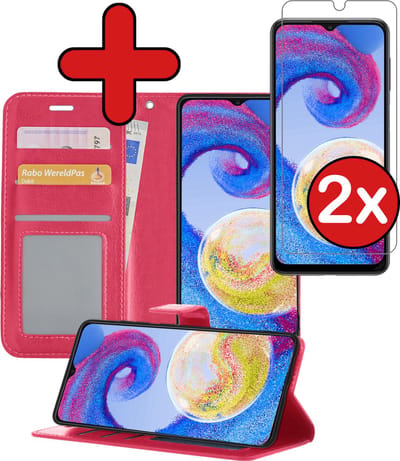 Hoesje - Met 2x Screenprotector - Geschikt voor Samsung Galaxy A04s - Luxe Pasjeshouder - Flip Case - Bookcase Portemonee - Kunstleer Book Case - Flipcase Hoes - Book Cover - Walletcase - Portemonneehoes - Telefoonhoes - Donkerroze