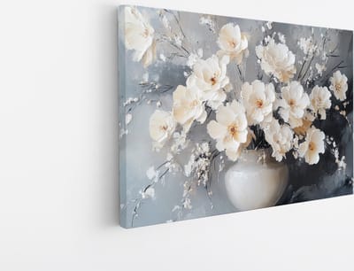 Saammp Canvas Schilderij - Witte Bloemen in een mooie vaas - Natuur - Abstract - 45x30 - Foto op canvas - Wanddecoratie - Muurdecoratie Woonkamer - Woonkamer Decoratie