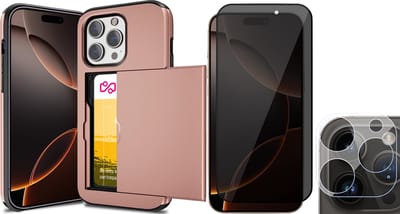 Hoesje met Pasjeshouder geschikt voor iPhone 16 Pro - Privacy Screenprotector FullGuard & Camera Lens Screen Protector - Back Cover SlideCase Roségoud