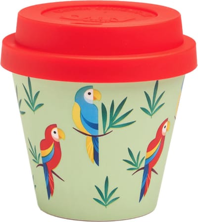 Quy Cup - 90ml Ecologische Reis Beker - Espressobeker “Papegaai” met rood Siliconen deksel 7x7x7cm