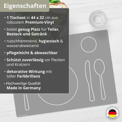 Montessori Placemat - Afwasbaar Tafelkleed - Kinderen Eten - Hoogwaardig Vinyl - 44 x 32 cm - Grijs