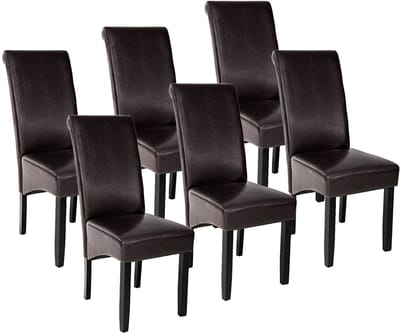 tectake® Eetkamerstoel - Comfortabele kunstleren stoel met hoge rugleuning - Keukenstoel voor keukentafel - Gestoffeerde keukenstoel - Diverse kleuren en sets - Maximale belasting 120 kg - Afmeting (LxBxH) 44 x 63 x 106 cm - Set van 6 - Bruin