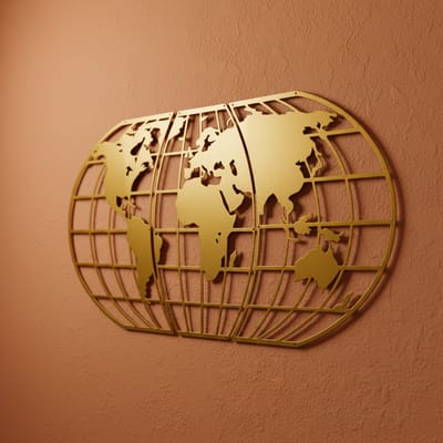 Janse® Wanddecoratie XL Gouden wereldkaart - 3 delig - Metalen wanddecoratie - Moderne kunst - Wereldbol - Landkaart - Inclusief bevestigingsmateriaal - Woonkamer decoratie - Slaapkamer decoratie industrieel - Cadeau tip - Wereld