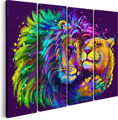 Artaza Canvas Schilderij Vierluik Gekleurde Leeuw En Leeuwin - Abstract - 160x120 - Groot - Foto Op Canvas - Canvas Print
