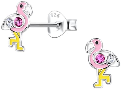 Joy|S - Zilveren flamingo oorbellen - 8 x 5 mm - roze geel - kristal - kinderoorbellen - vogel