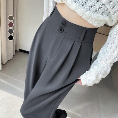 Stijlvol en Lui Dubbelknoop Design Wijde Pijpen Pakbroek Recht Hoge Veelzijdige Taille Lange Broek 5XL donkergrijze kleur