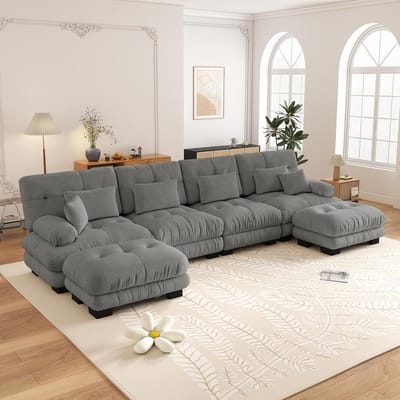 4-Zits Bank, U-Bank, Modulaire Hoekbank, U-vormige Bankstel voor de Woonkamer, Comfortabele 4-zitsbank met Verplaatsbare Poef, Doe-het-zelf Combinatie, Chenille-Grijs
