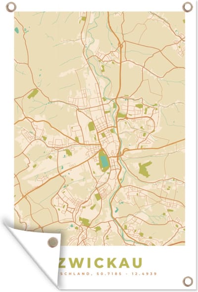 Muurdecoratie Plattegrond - Zwickau - Kaart - Vintage - Stadskaart - 120x180 cm - Tuinposter - Tuindoek