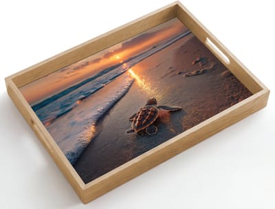Dienblad hout 50x35 cm - Schootdienblad - Schildpad - strand - Zonsondergang - Borrelplank rechthoek - Plateau dienbladen