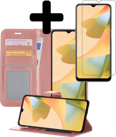 Hoesje - Met Screenprotector - Geschikt voor OPPO A16 - Luxe Pasjeshouder - Bookcase Portemonee - Flip Case - Kunstleer Book Case - Flipcase - Book Cover - Walletcase - Portemonneehoes - Telefoonhoesjes - Rosé goud
