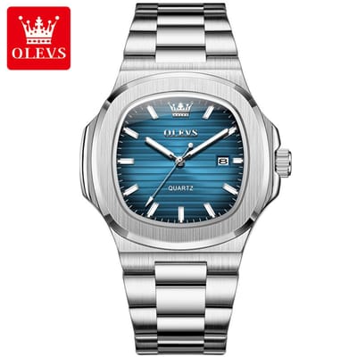 HO-3696.z-bl : Olevs zilverkl quartz heren horloge, vierkant, donkerblauwe wijzerplaat, lamellenwand, kalenderdag